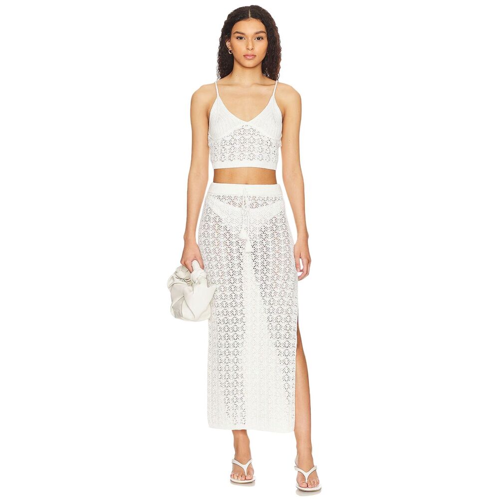 L*Space NWOT Sweet Talk Crochet Crop Top & Midi Skirt Set Cream Resort Set